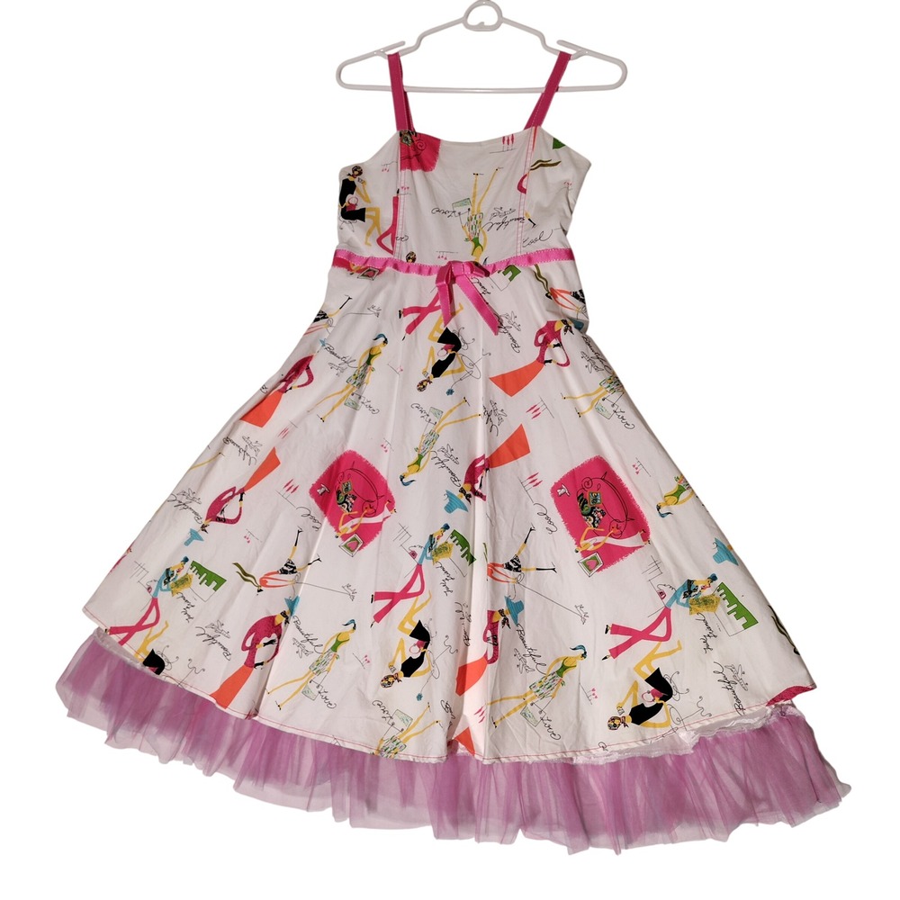 Sara Sara Girls White Pink Fashion Illustration Novelty Print Tulle Dress 14